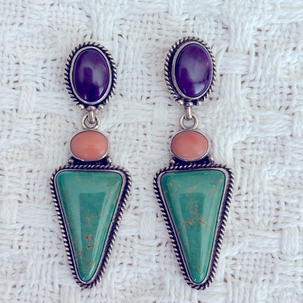 Reve Turquoise Green, peach and purple post Earrings
Silver.